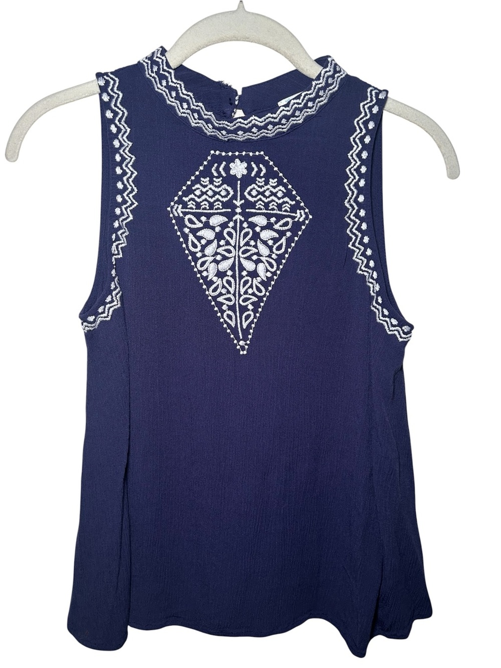 Love Fire Sleeveless Navy Embroidered Mock Neck Top Small Boho Hippie Festival